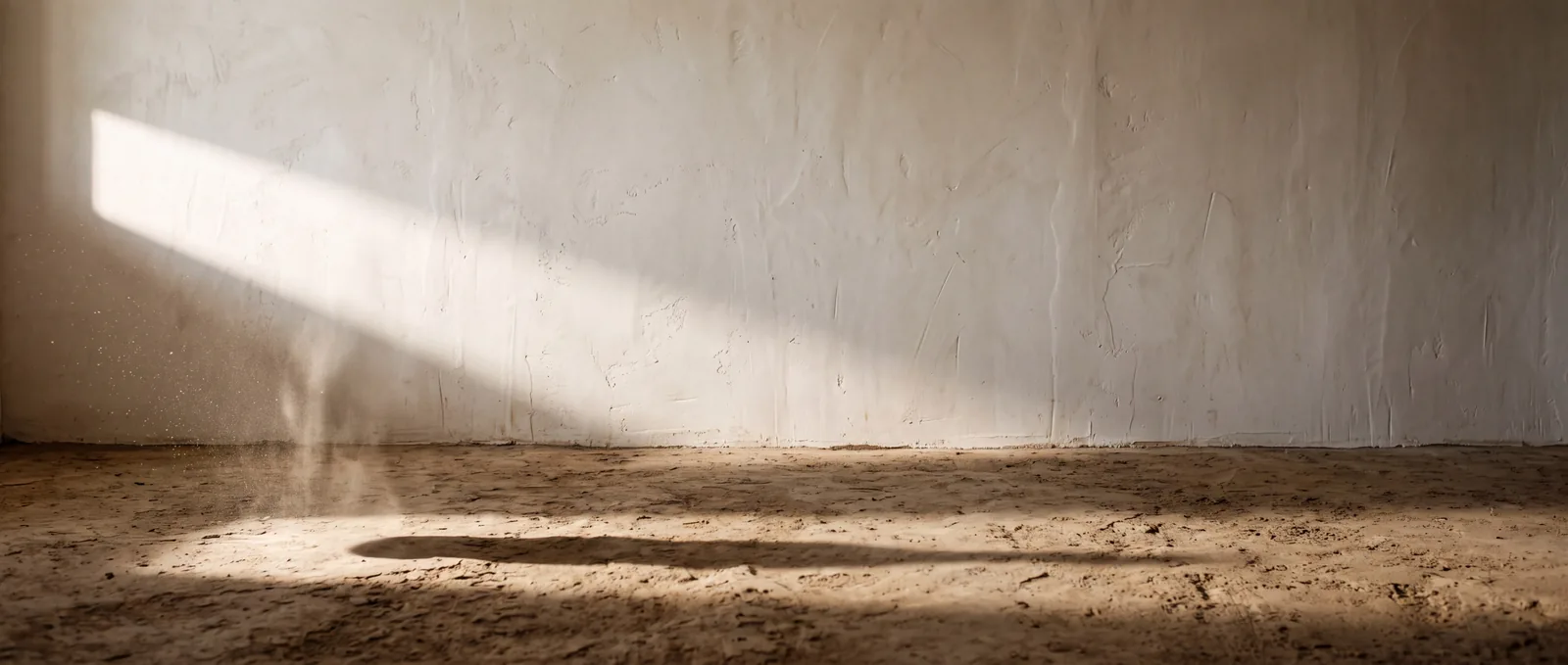 Il muro di calce della cantina attraversato da una lama di luce, sopra la terra sabbiosa del pavimento