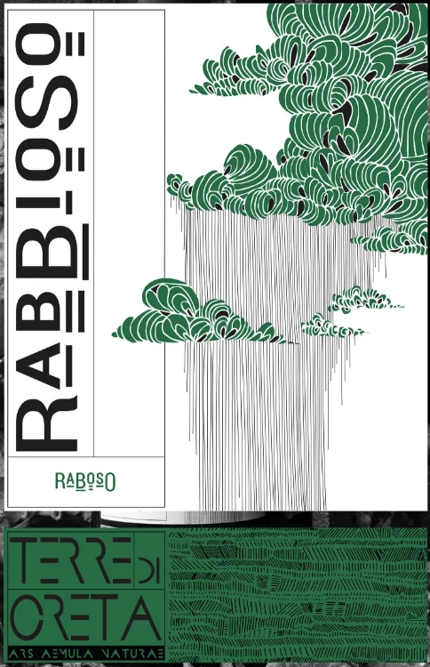 Etichetta di Rabbioso: nuvole disegnate a tratto in verde, con la pioggia che scende